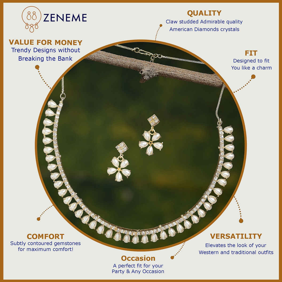Zeneme White & Gold-Toned Gold-Plated AD-Studded Jewelry Set For Women & Girls