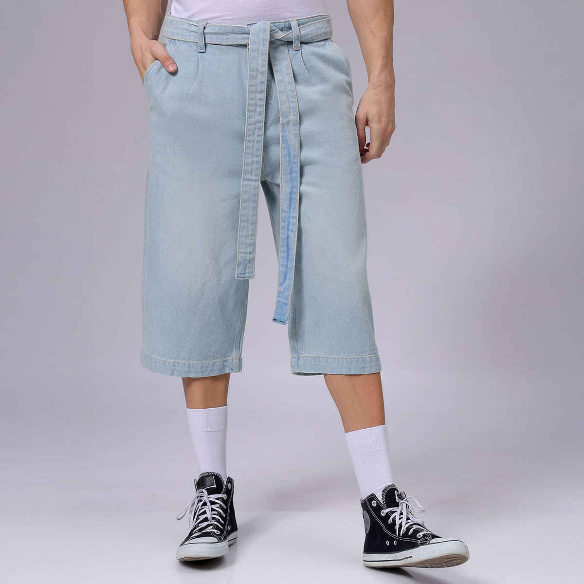 The Indian Garage Co Men's Loose Solid Street Capri Jeans | Vintage Blue - 32