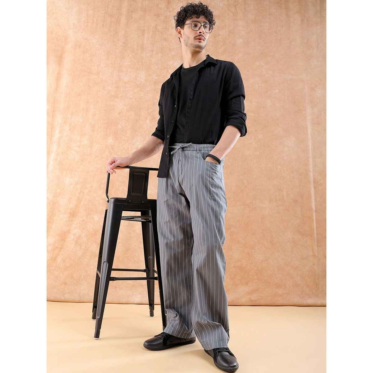 The Indian Garage Co Men Casual Loose Fit Grey Striped Trousers - 34 | 1223-Tllsetr-01