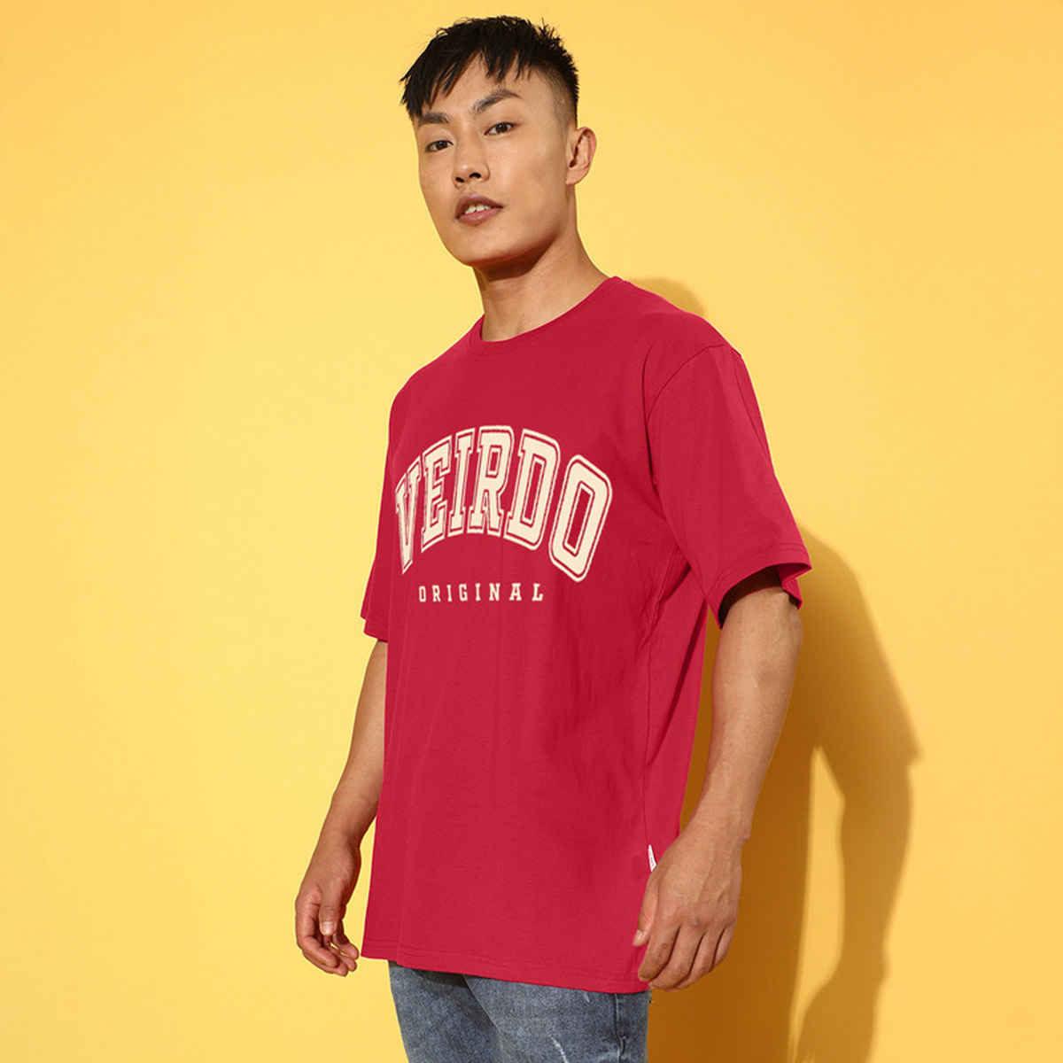 Veirdo Pure Cotton Oversized Fit Round Neck Red Printed T-Shirt For Men - M