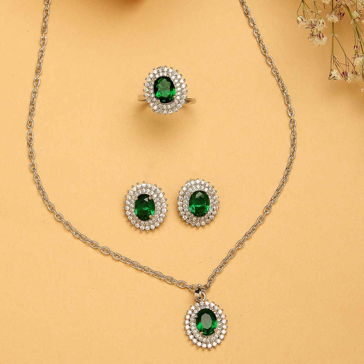 Zeneme Rhodium-Plated Green AD-CZ Oval Halo Necklace Earrings Ring For Women & Girls