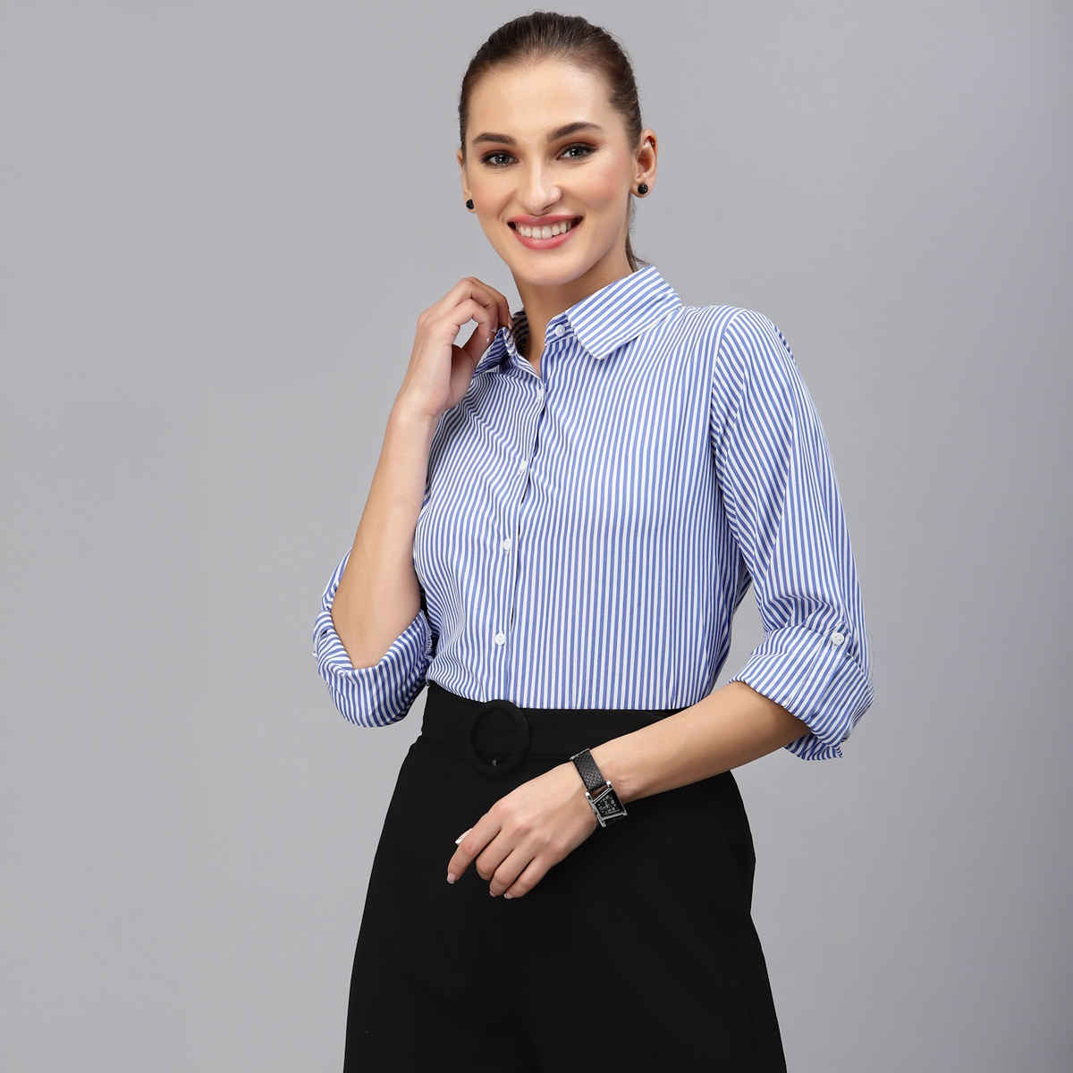 Style Quotient Women Blue Striped Shirt | L | AW22SQLYRA - Blue White
