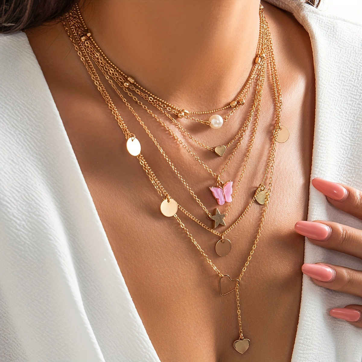 Jewels Galaxy Gold-Plated Gold-Toned Pack Of 7 Butterfly Layered Necklace (1 Pack 7 Necklaces)