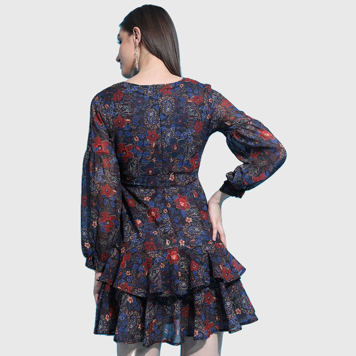 Ketch Women's Floral Printed Puff Sleeve Tie-Up Fit & Flare Dress | Multicolor - S
