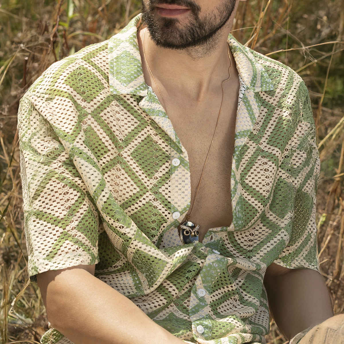 Campus Sutra Men's Geometric Block Oversized Shirt | Grass Green & Pale Yellow - L