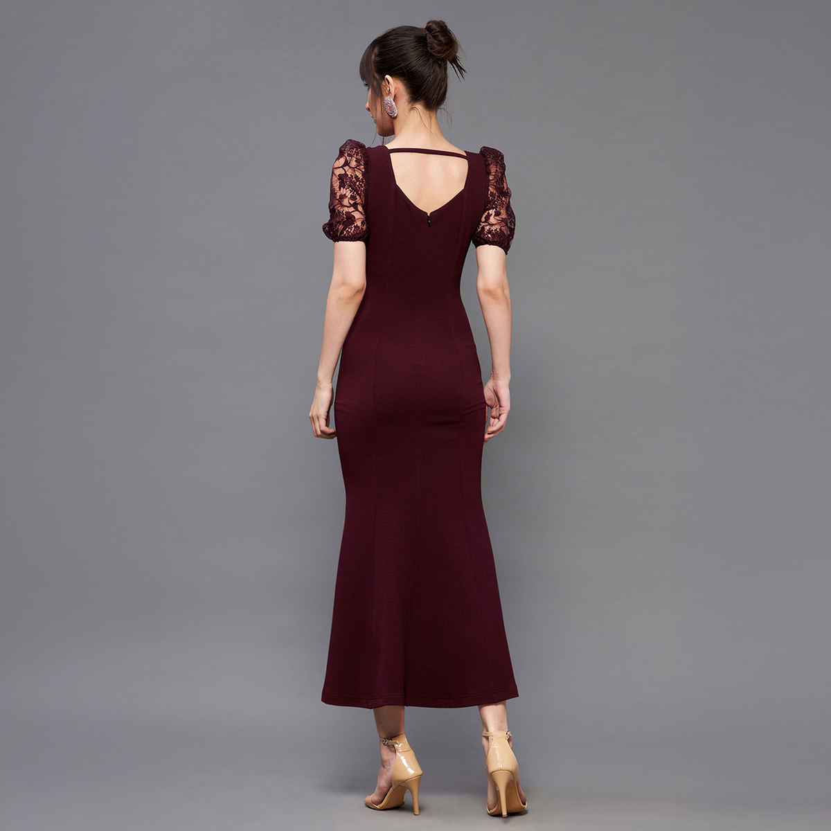 Miss Chase Women Square Neck Short Puff Sleeve Self Design Lace Overlaid Bodycon Midi Dress | Wine | S