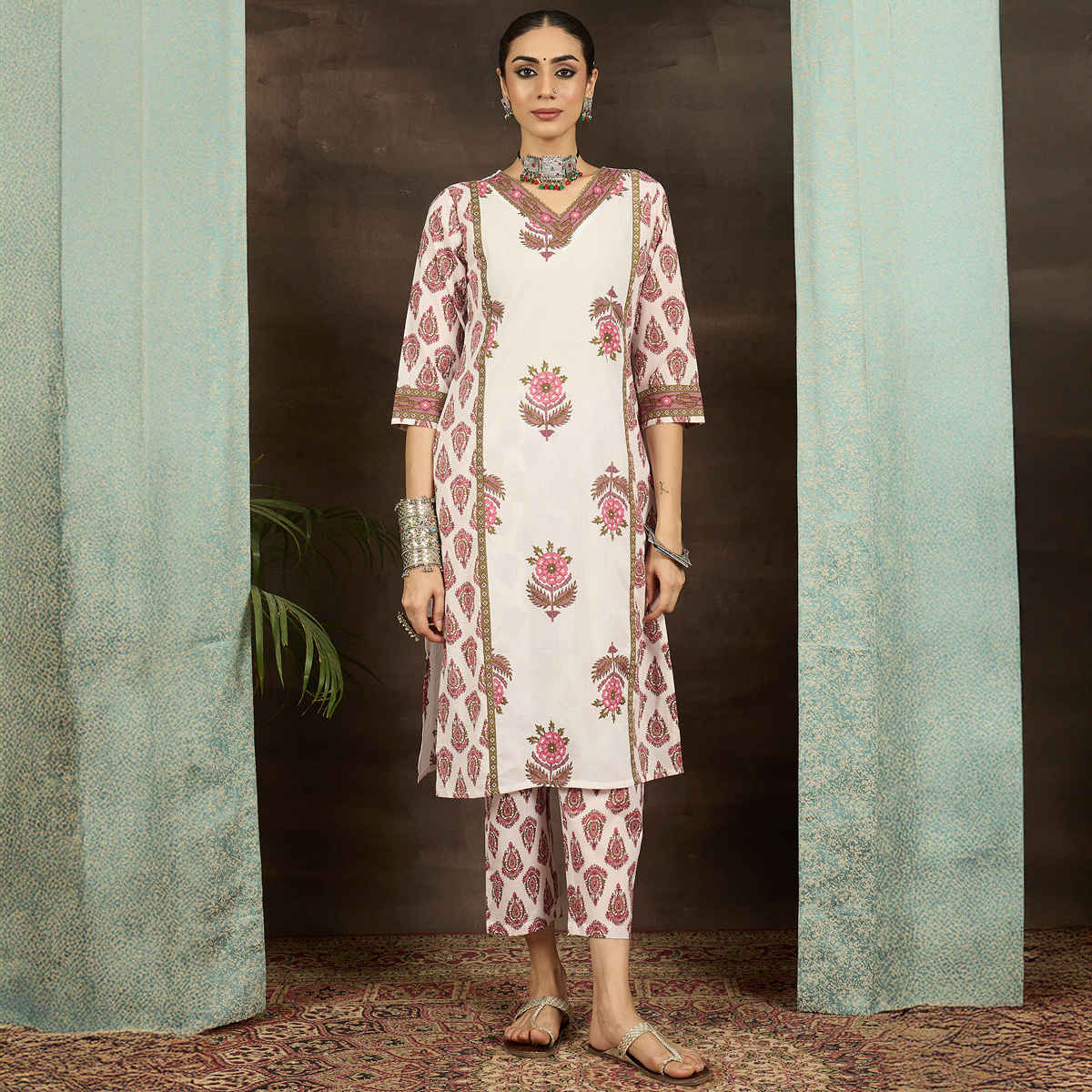 INDO ERA Women's Printed Straight Kurta Pant Set | KS0WH10771 | White - M