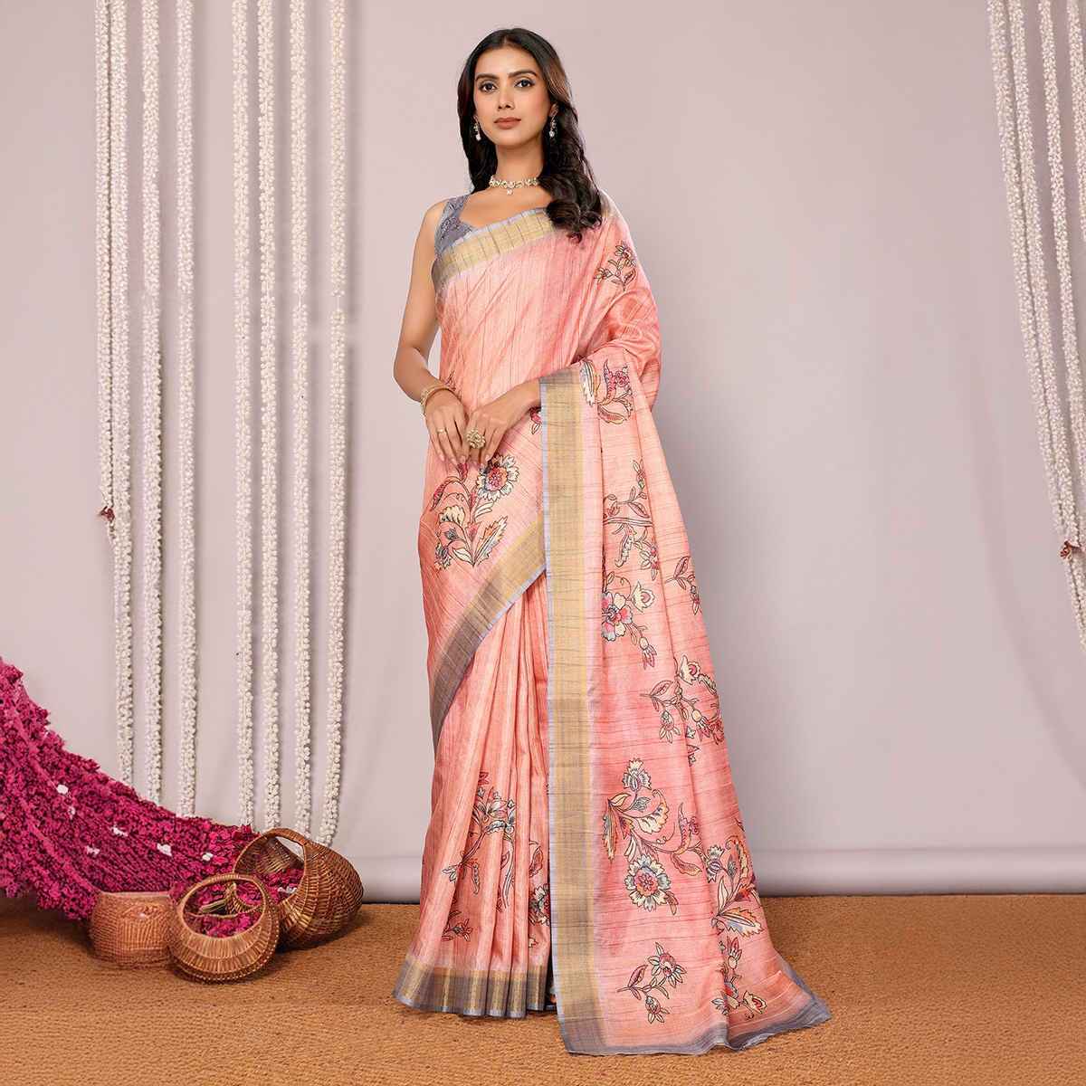 Janasya Women's Chanderi Silk Floral Printed Saree with Blouse Piece | SAR509 | Peach