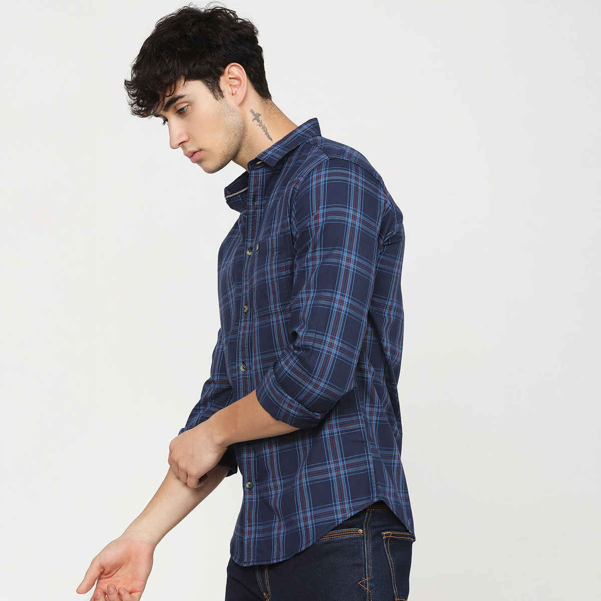 The Indian Garage Co Men's Slim Fit Checkered Casual Shirt | Navy Blue - L