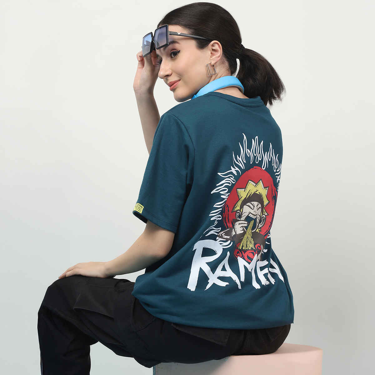 Rigo Women Terry Oversized Printed T-shirt | Teal - M