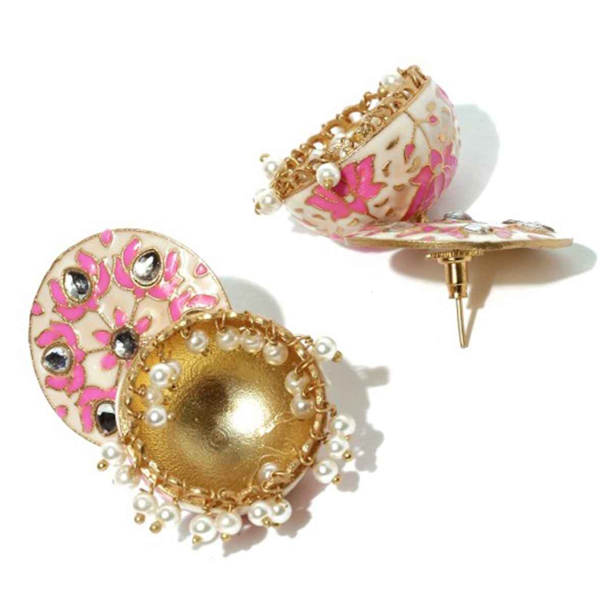 Rubans Off-White & Pink Enamel Kundan Jhumkas with Pearls
