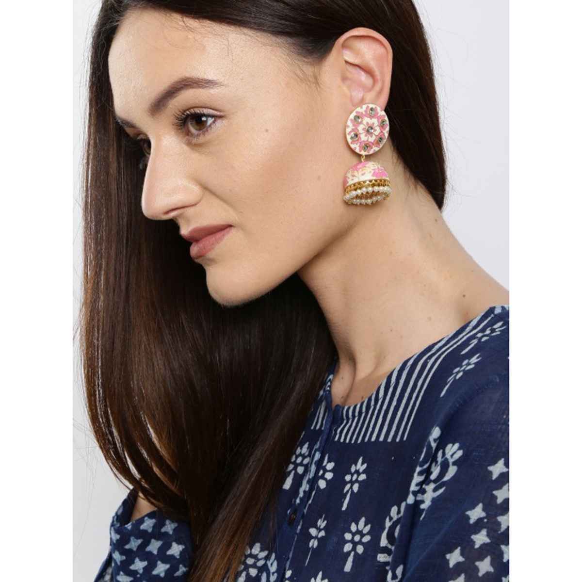 Rubans Off-White & Pink Enamel Kundan Jhumkas with Pearls