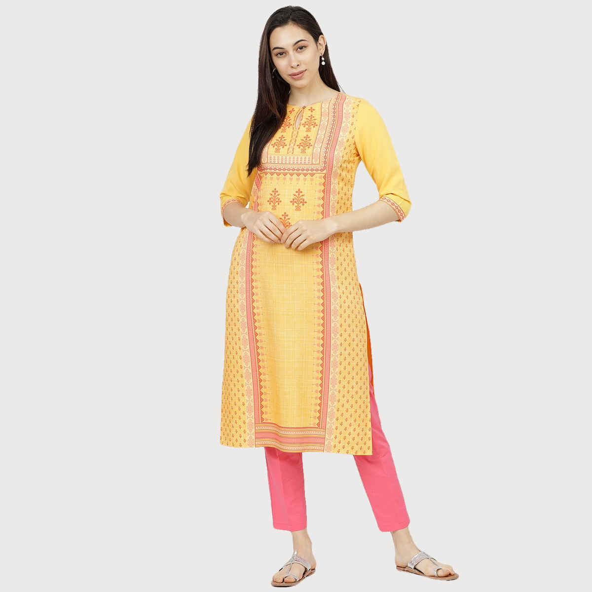 Ketch Women Ethnic Motifs Printed Keyhole Neck Kurta | Pink and Yellow | L