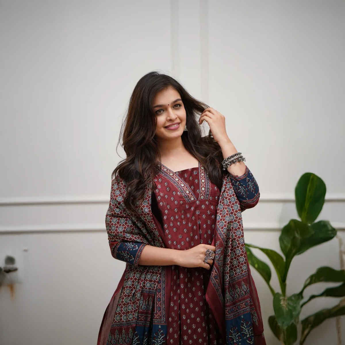 GoSriKi Women's Viscose Rayon Anarkali Printed Kurta with Pant & Dupatta | NAKULA | Wine - L