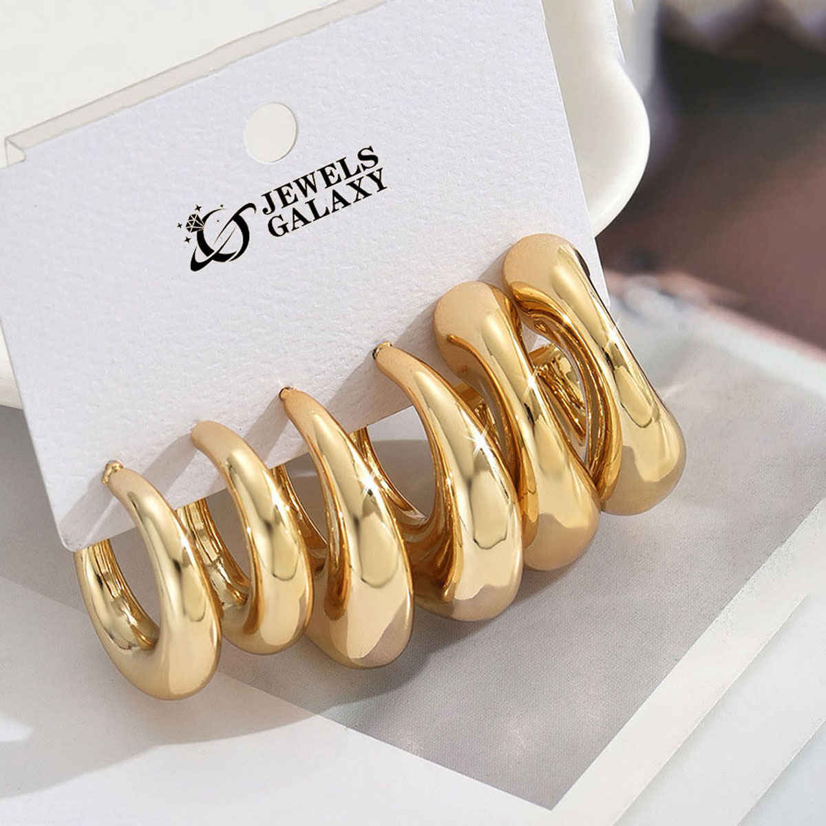 Jewels Galaxy Gold Plated Set Of 3 Pairs Of Half Hoop Earrings (1 Pack 6 Earrings)
