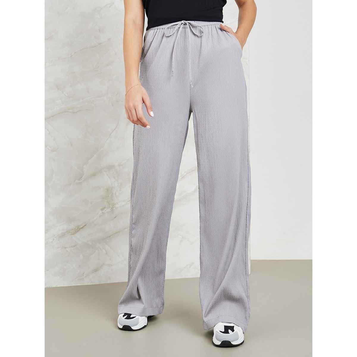 Styli Women Textured Wide Leg Pants with Side Pocket | Grey | L