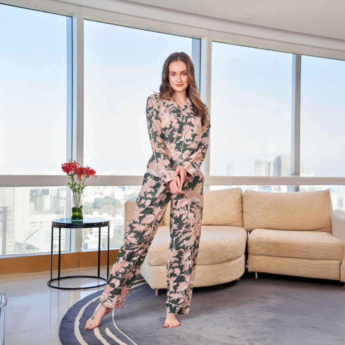 Sanskrutihomes Floral Printed Pure Cotton Night Suit | Olive - XXL