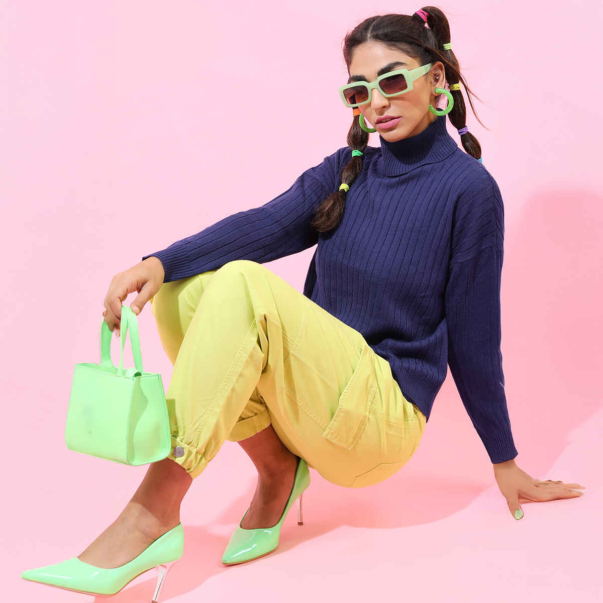 Tokyo Talkies Women's Self Design High Neck Sweater | Dark Blue - M