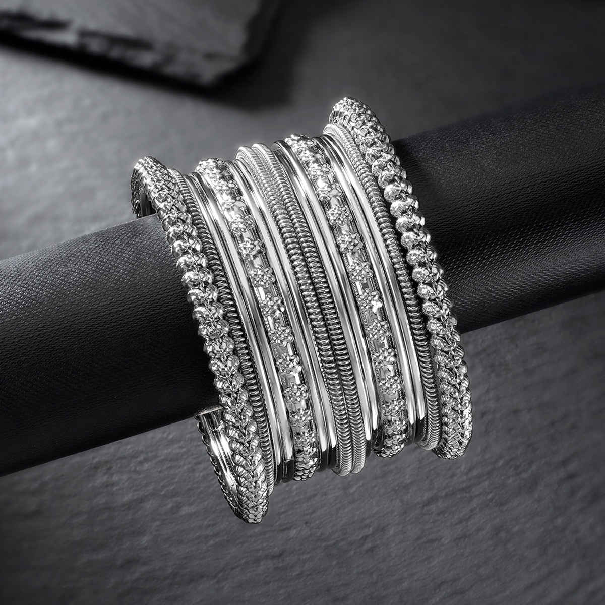 Peora Women's/Girls Oxidized Silver Plated Brass Metal Bangle Set (Silver, 2.6 inch)