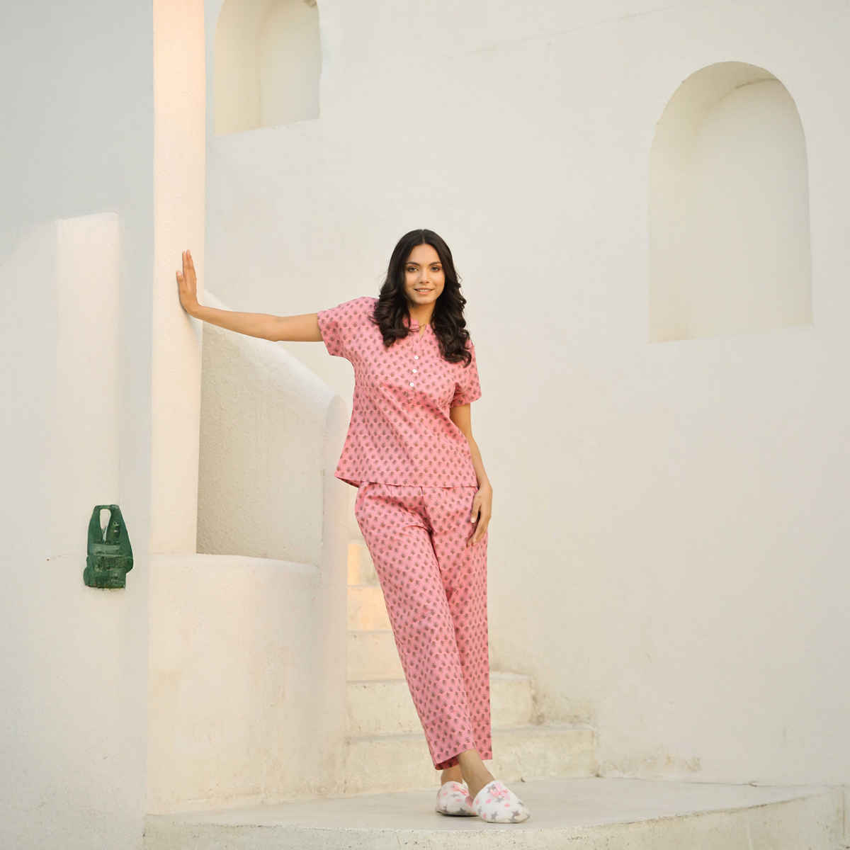 Sanskrutihomes Women Printed Pure Cotton Night Suit | Pink | M