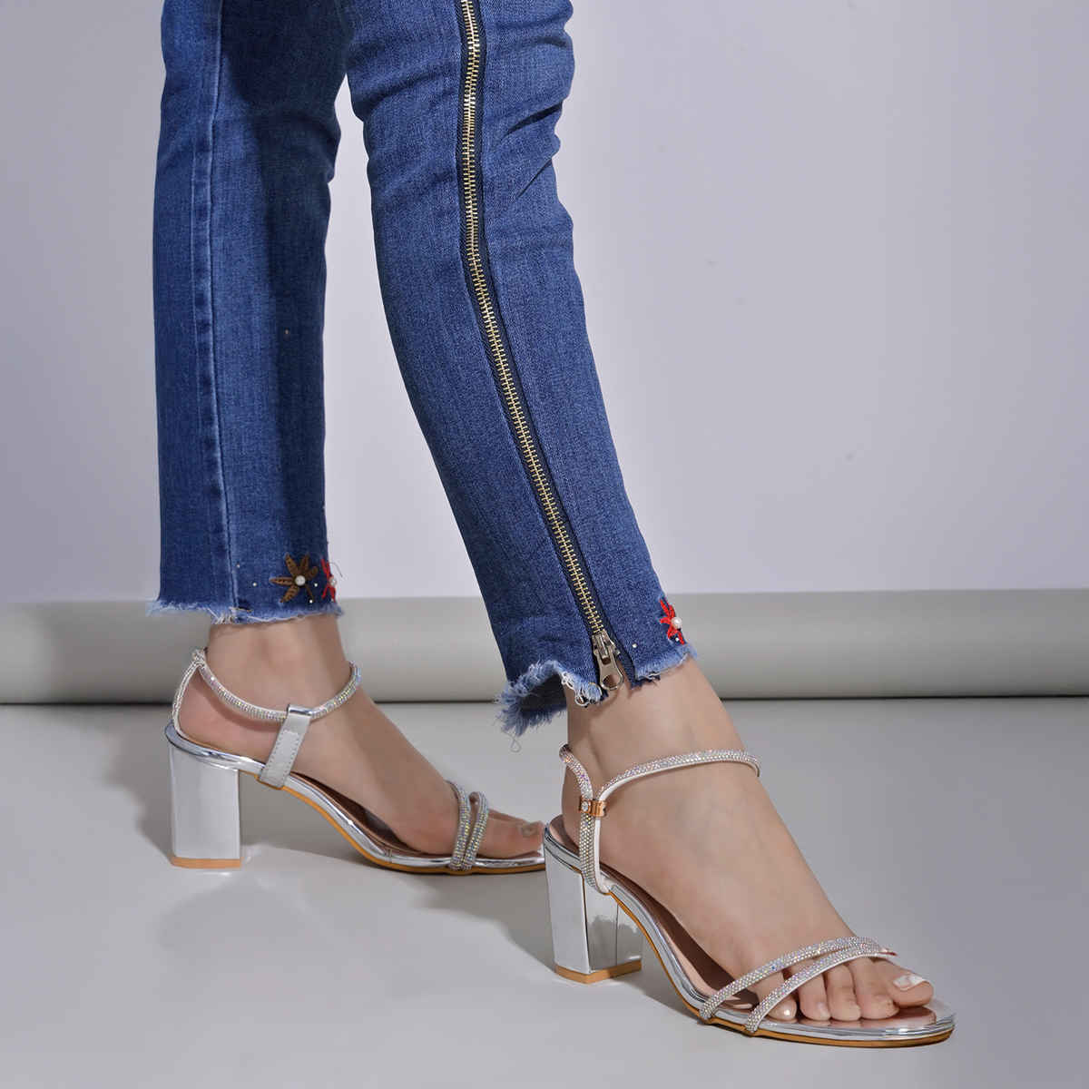 Shoetopia Women's Embellished Rhinestones Strap Heels | Heel-1246 | Silver - UK 6