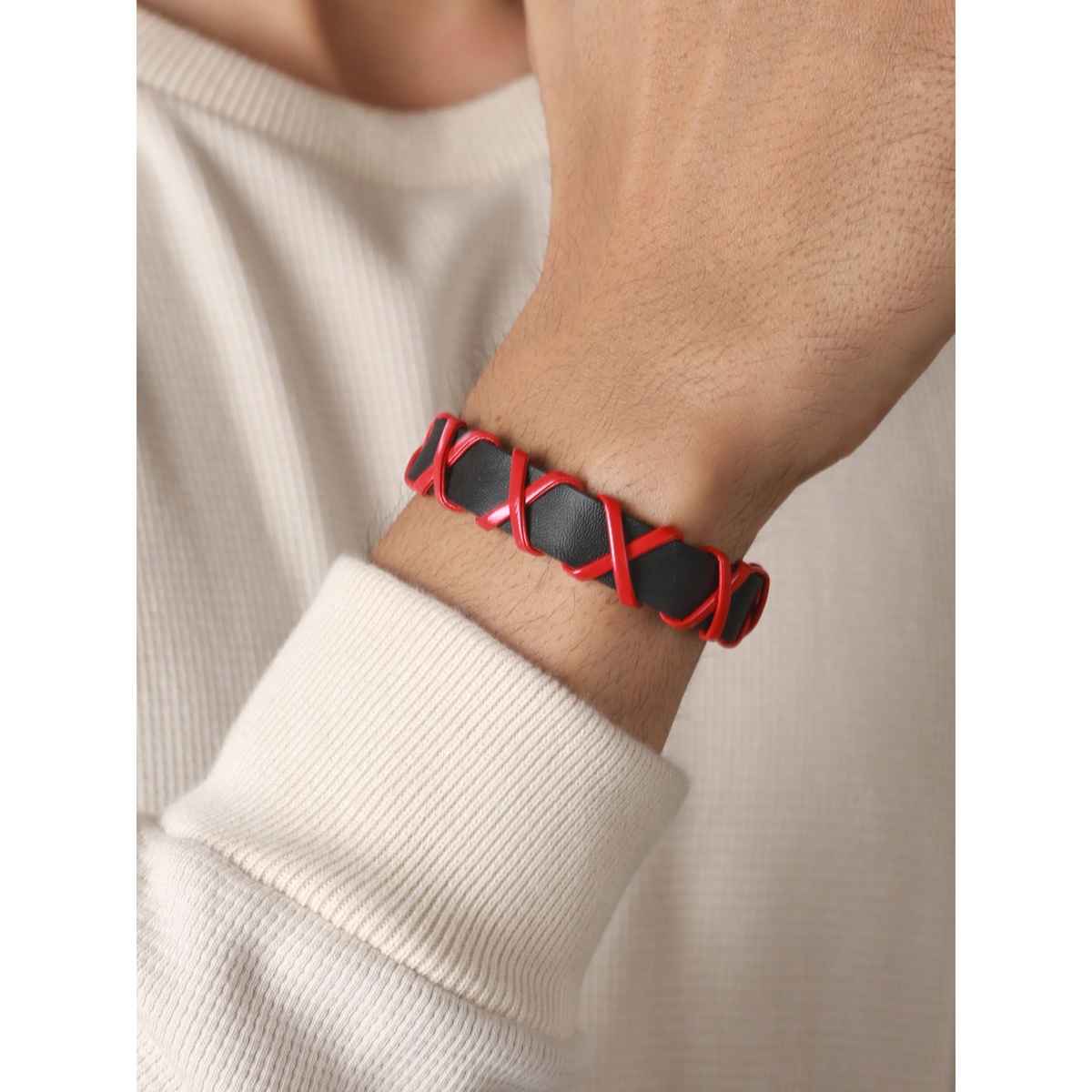 Priyaasi Bold By Priyaasi Black Red Cross Pu Wraparound Bracelet For Men (Bd-Br-20031)