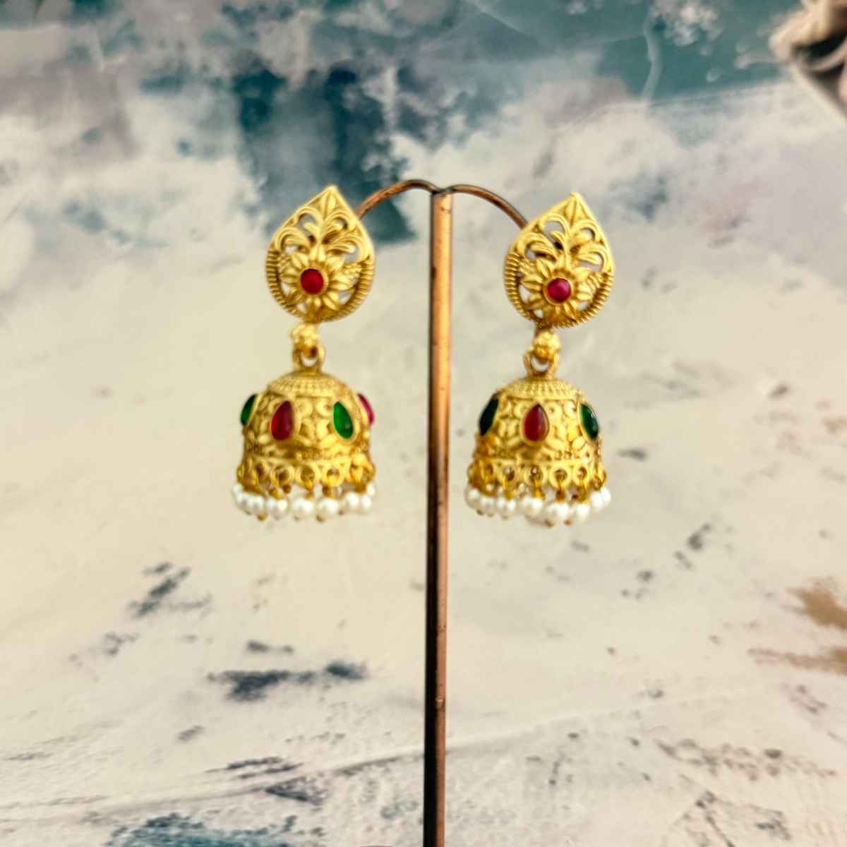 The Opal Factory Earrings Stone Studded Teardrop Motif Jhumki Earrings with Pearl Hangings | Gold