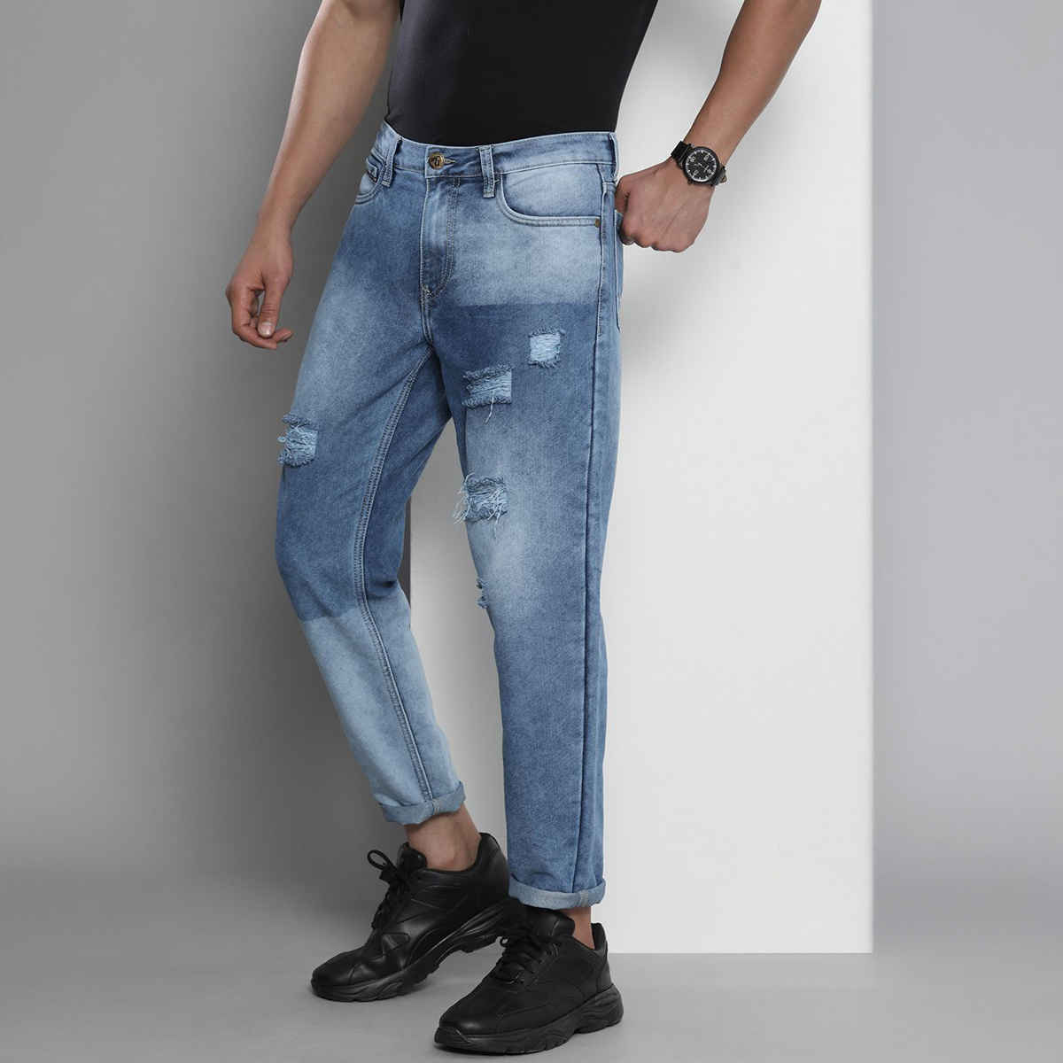 The Indian Garage Co Men's Dad Fit Distress Street Jeans | G-131 | Blue - 30