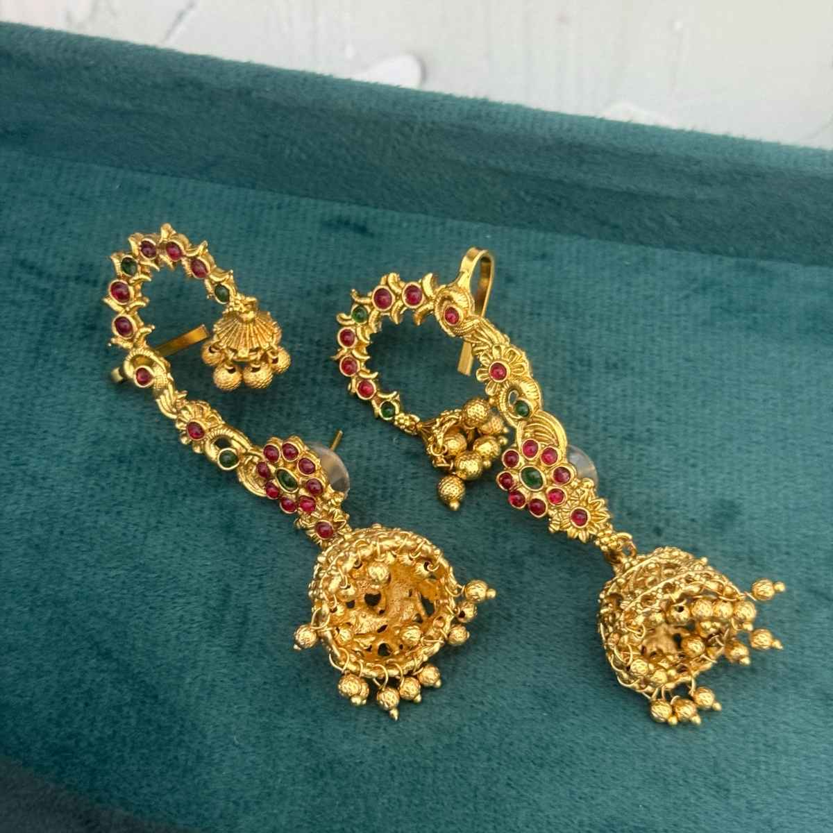 The Opal Factory Temple Jewelry Karnphool Double Jhumki | Gold Multi