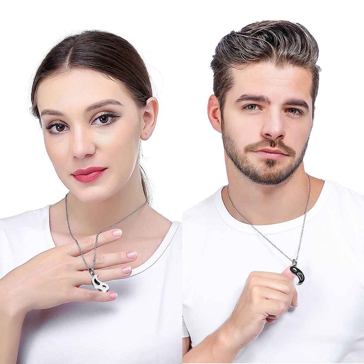 Peora Stainless Steel Yin Yang Puzzle Matching Pendant Couples Necklace Chain for Women - Pack of 2