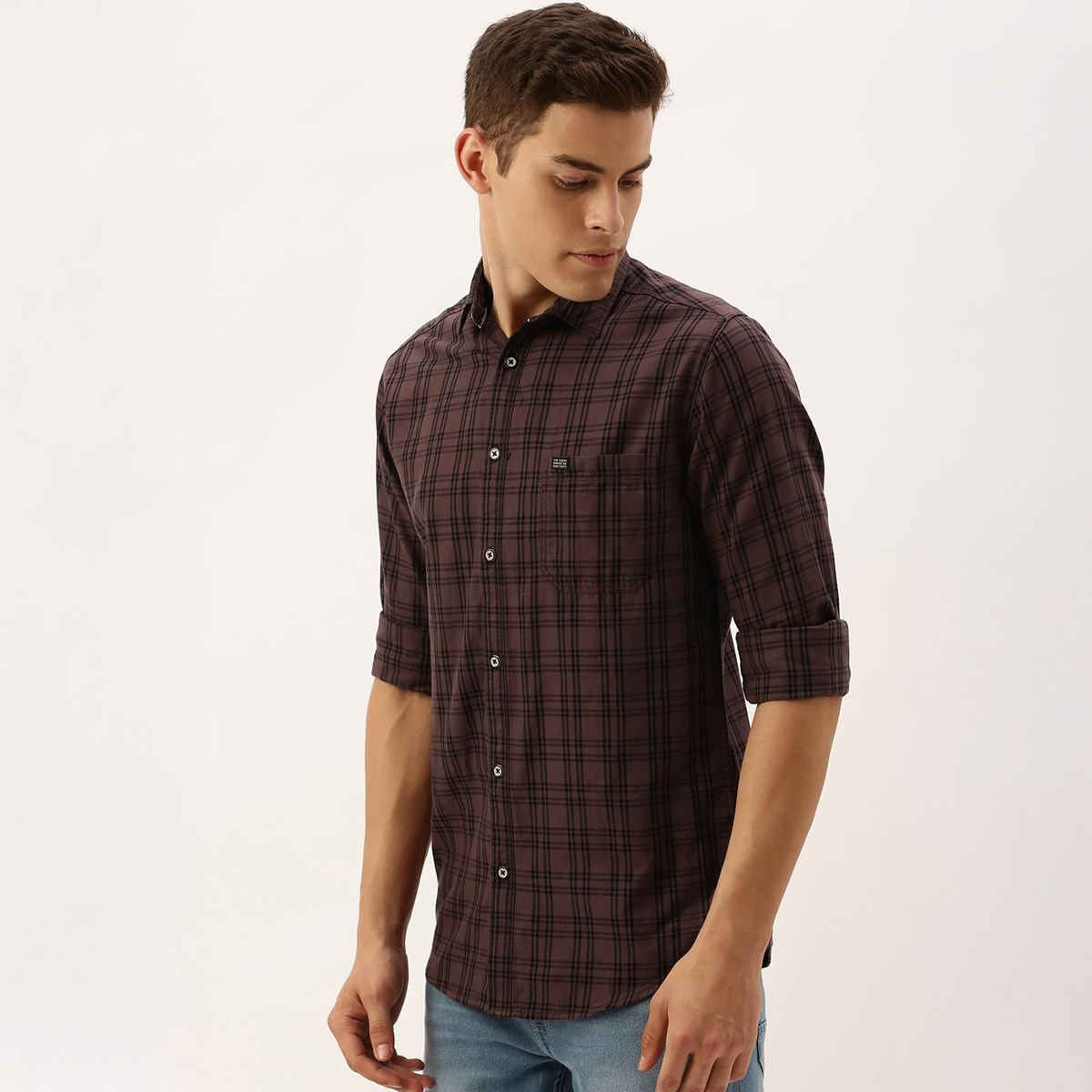 The Indian Garage Co Men's Slim Fit Checkered Casual Shirt | Brown - S