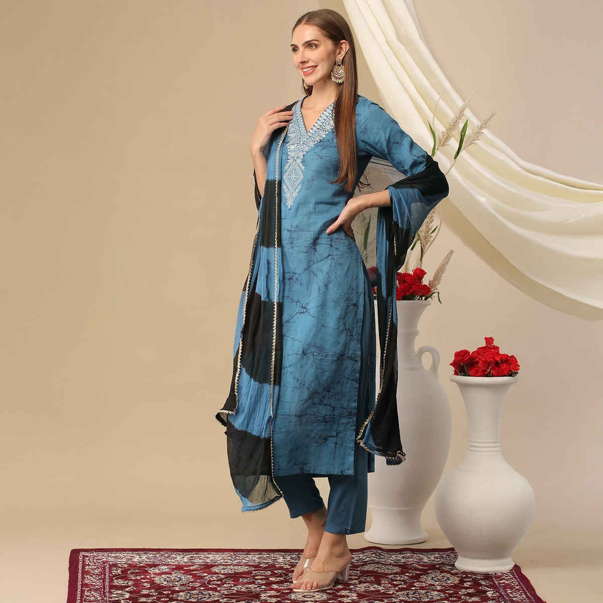 GoSriKi Women's Viscose Rayon Straight Printed Kurta with Pant & Dupatta | Blue - XL