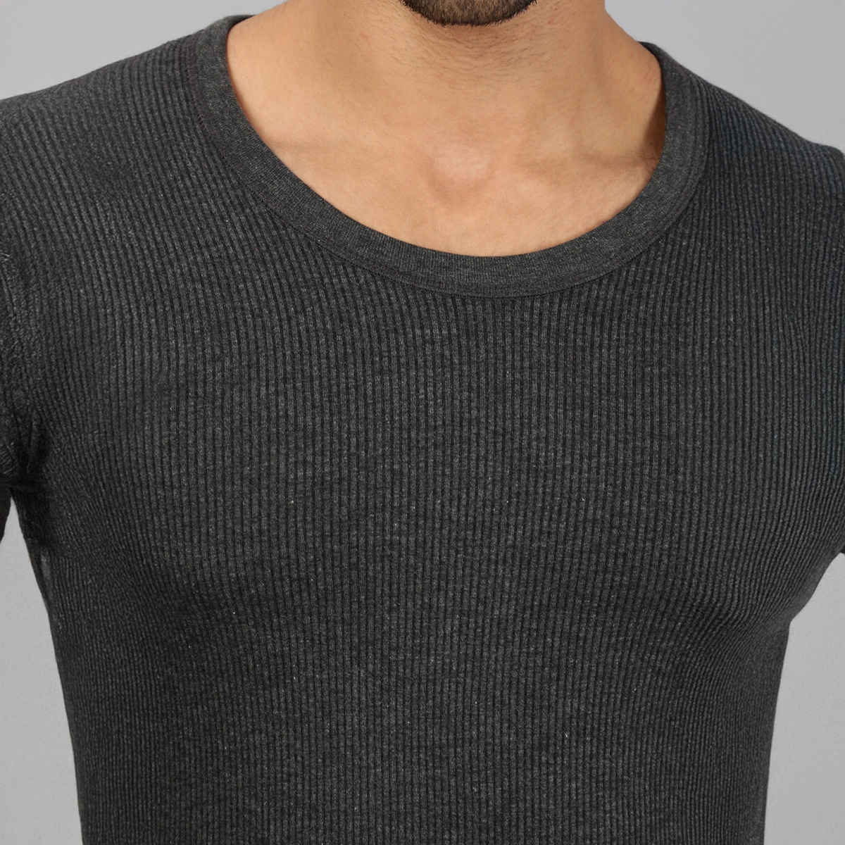 Lux Cozi Men's Heatek Thermal Comfort, Stretchable & Super Warm Round Neck Top | Black Melange-80