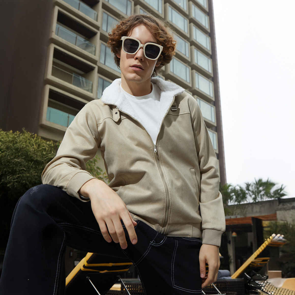 Campus Sutra Men's Fleece-Lined Bomber Jacket | Saltbox Beige & Chalk White - M