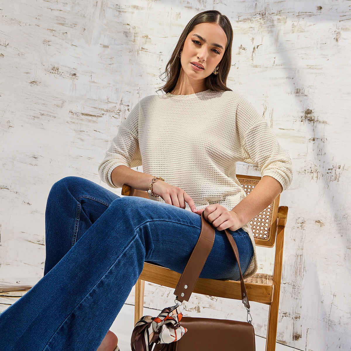 Styli Women's Oversized T-shirt with Solid Textured Fabric and Curved Hem | Beige - L