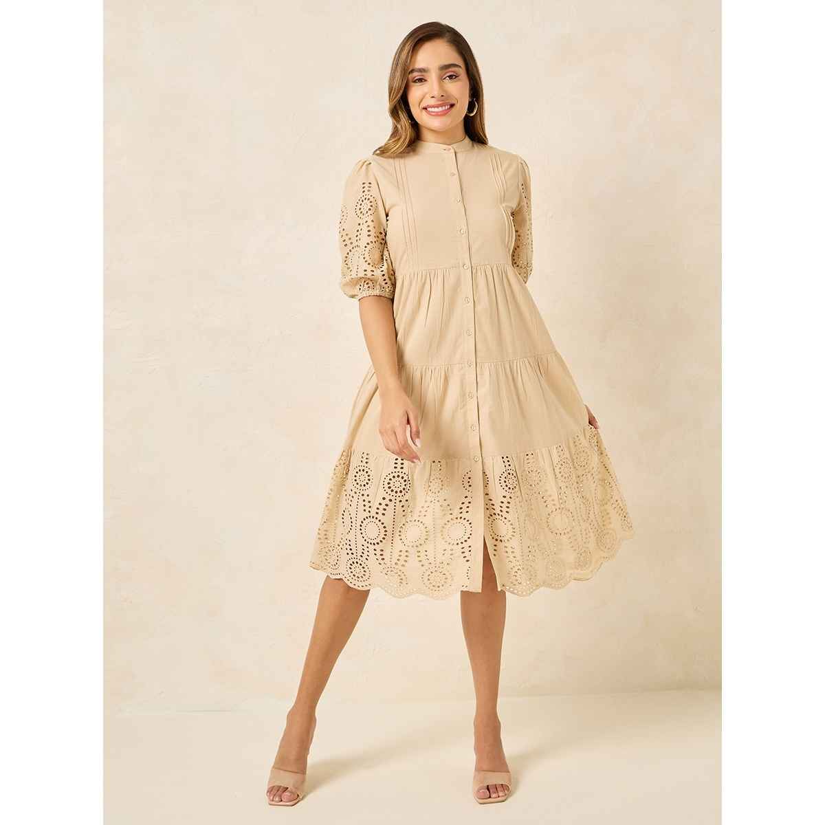 Styli Women's Tiered Midi Dress with A-Line Fit and Puff Sleeves | Beige - S