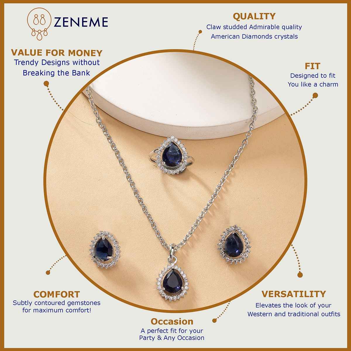 Zeneme Rhodium-Plated Blue American Diamond Necklace and Earrings With Ring For Women & Girls