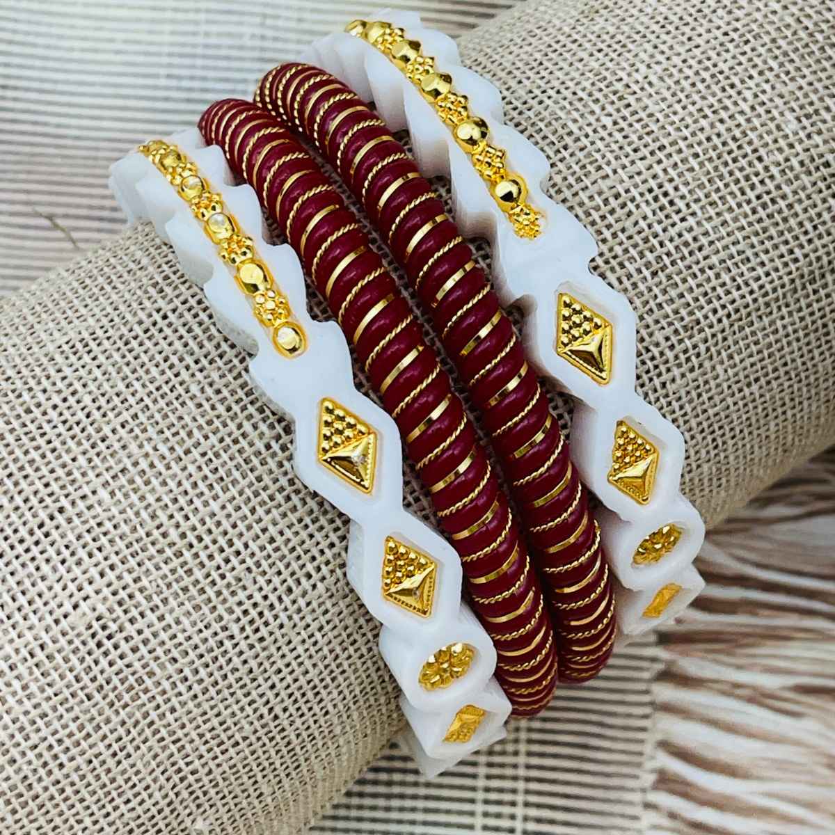 The Opal Factory | Sakha Pola | Geometric Gold Embedded Plastic Bangle | White and Red - 2.6