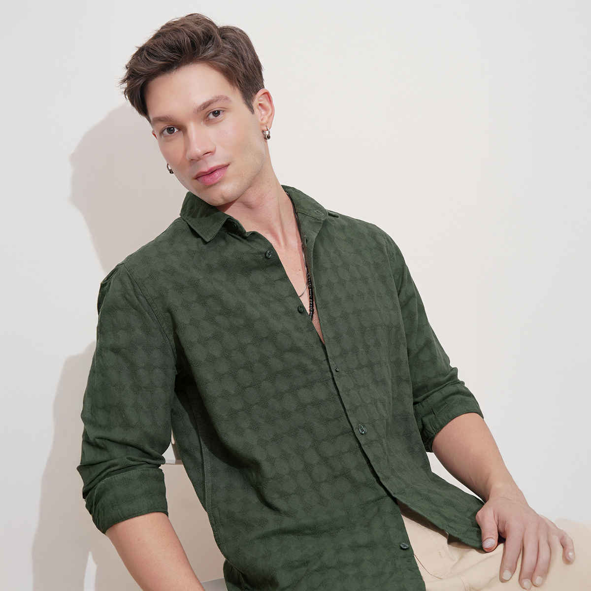 HIGHLANDER Men's Dobby Textured Solid Casual Slim Fit Shirt | Bottle Green - XL