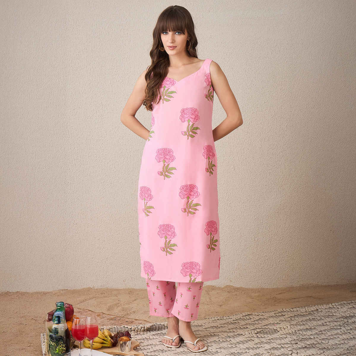 INDO ERA Women's Printed Straight Kurta Trouser Set | Pink - XL