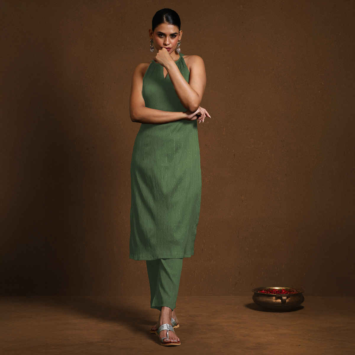 Varanga Women's Solid Halter Neck Kurta Set | Green - L