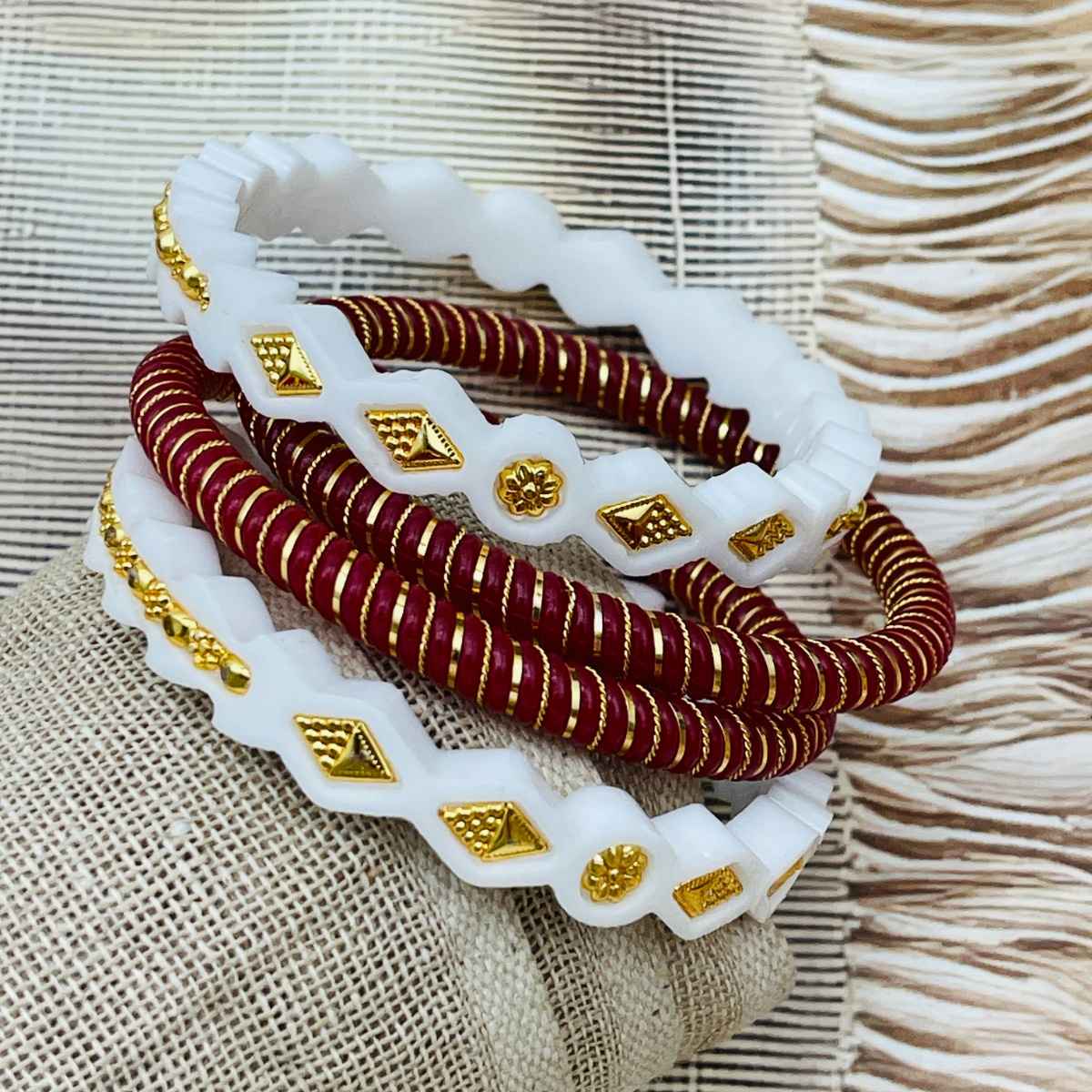 The Opal Factory | Sakha Pola | Geometric Gold Embedded Plastic Bangle | White and Red - 2.6