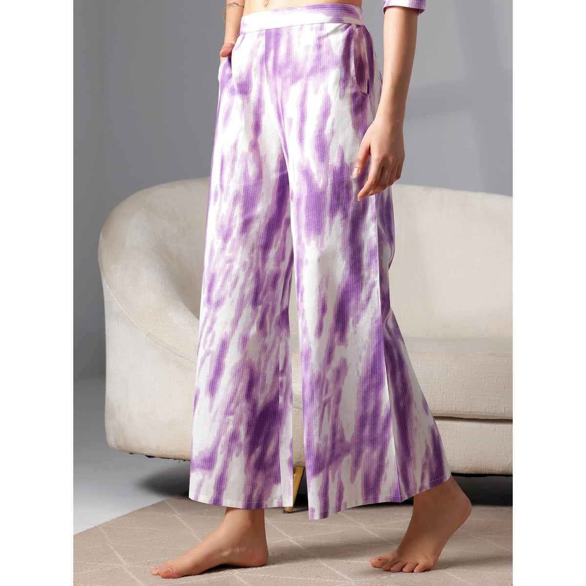 Libas Abstract Printed Women's Kurti With Printed Pyjamas | Purple White | S
