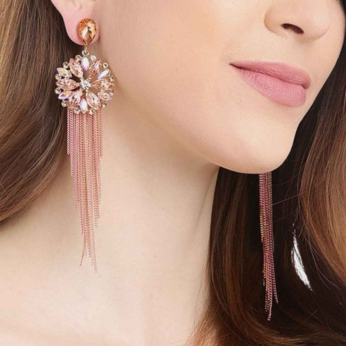 YouBella Jewellery Crystal Tassel Handmade Earrings For Girls And Women - Peach
