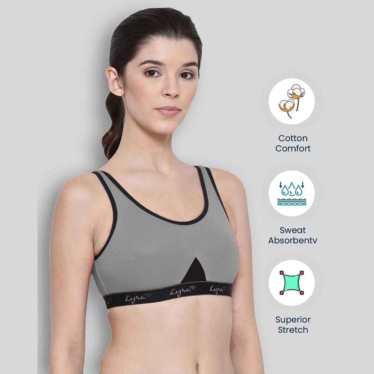 Lyra Women's Sports Bra Non Padded | Black and Grey - 36B