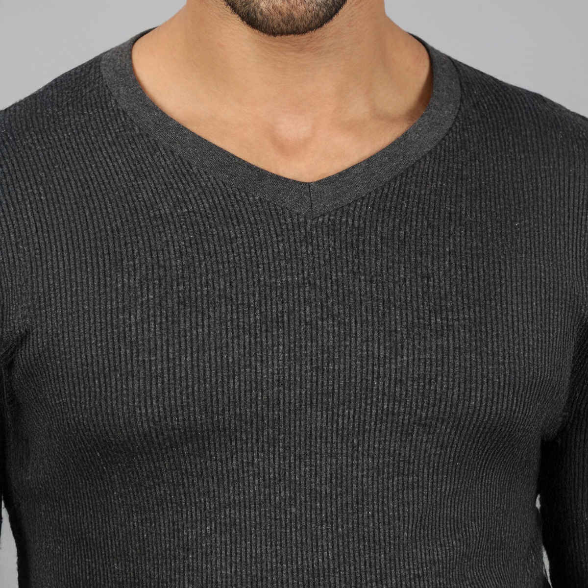 Lux Cozi Men's Heatek Thermal Comfort, Stretchable & Super Warm V-Neck Top | Black Melange-100