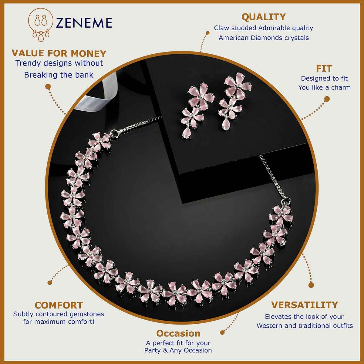 Zeneme Rhodium Plated AD Flower Shaped Jewellery Set For Women & Girls