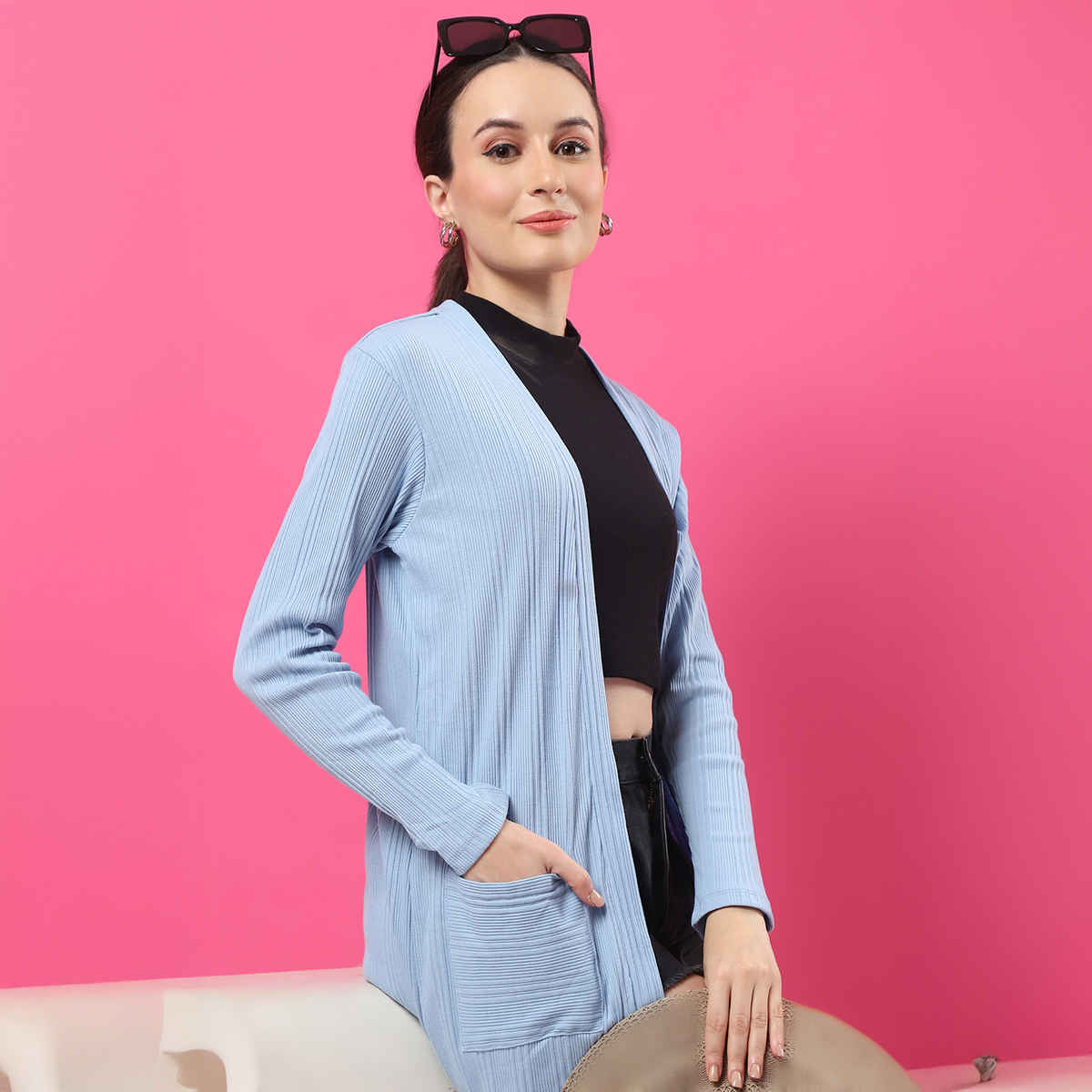 Rigo Women Front Open Long Rib Shrug | Light Blue - Free Size