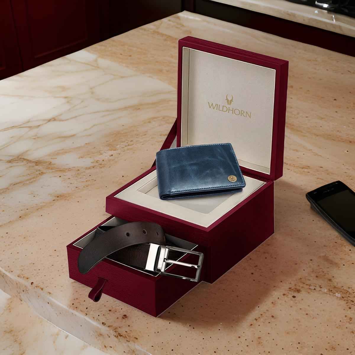 Wildhorn Men's Solid Genuine Leather Wallet and Belt Combo | Blue and Brown - Free Size