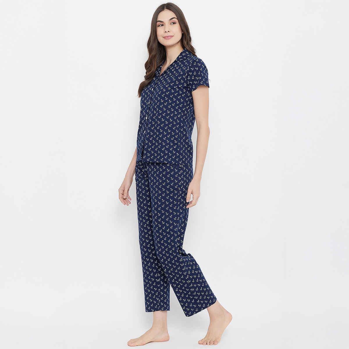 Clovia Button Down Anchor Print Shirt & Pyjama Nightsuit Set | Cotton | Blue | XL